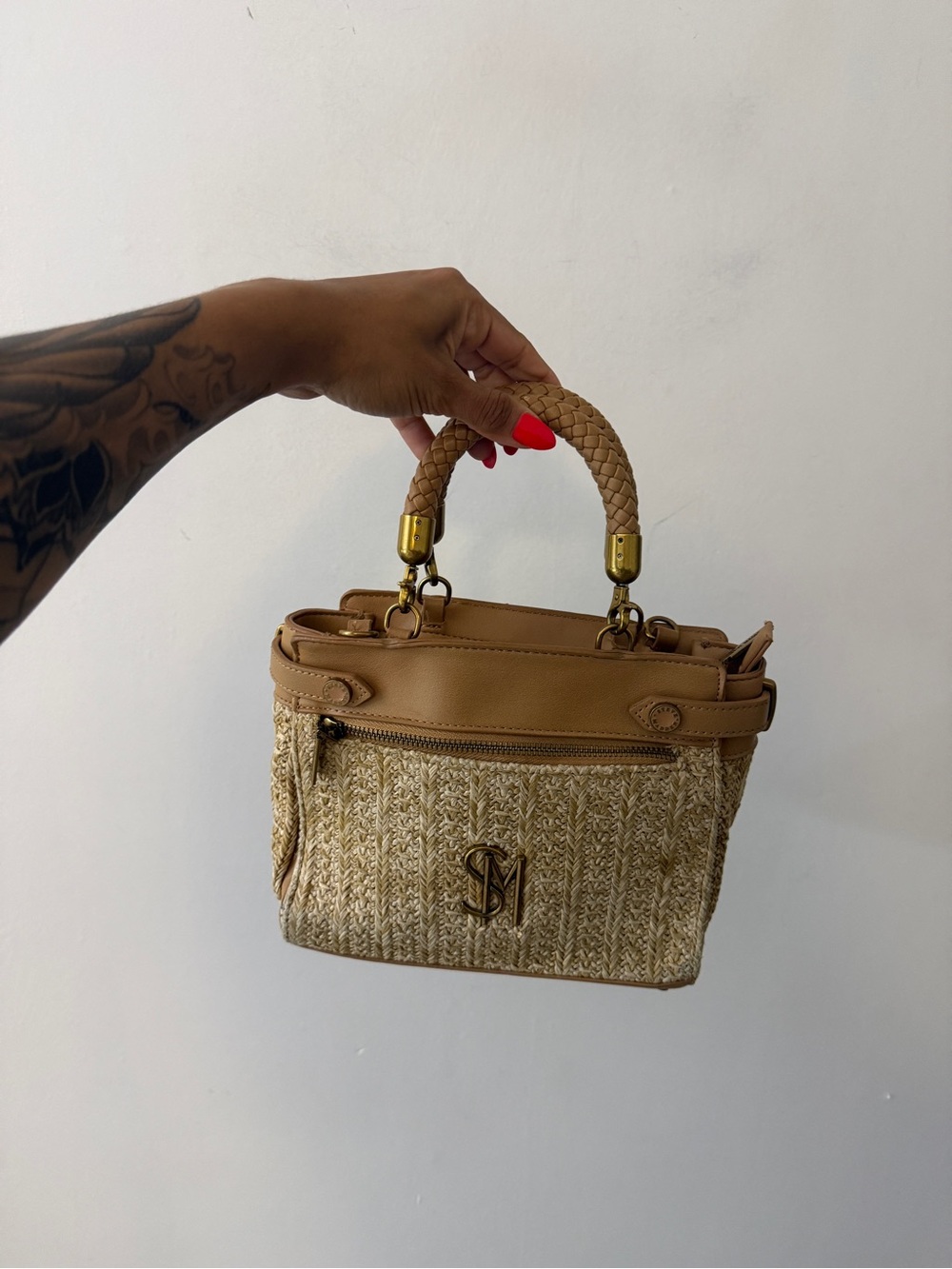 Steve Madden Tan Woven Mini Top-Handle Bag